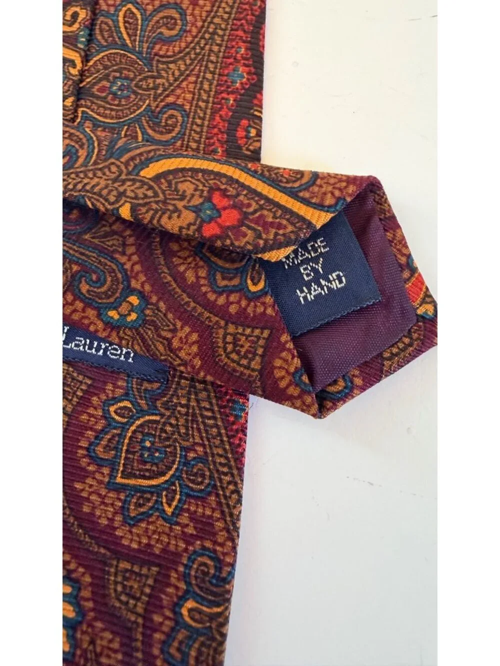 Polo By Ralph Lauren Vintage Silk Tie Paisley Print Burgundy & Blue Made In USA
